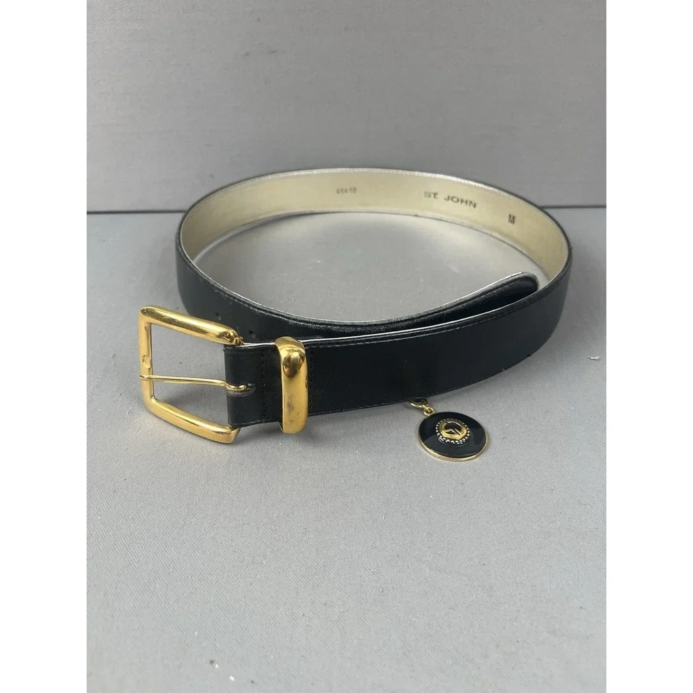 St John Black Leather Belt Women's Size Medium With Charm Gold Clasp Buckle